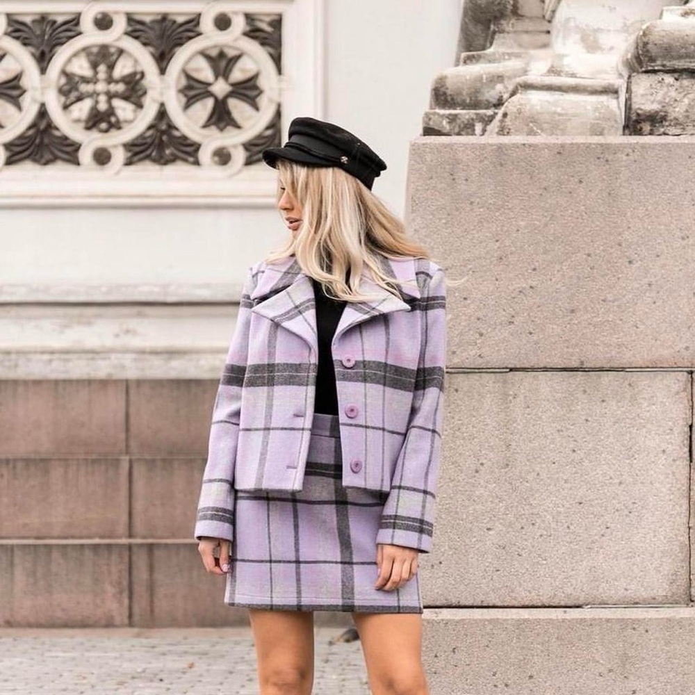 Stylish Purple Plaid Jacket and Skirt Set